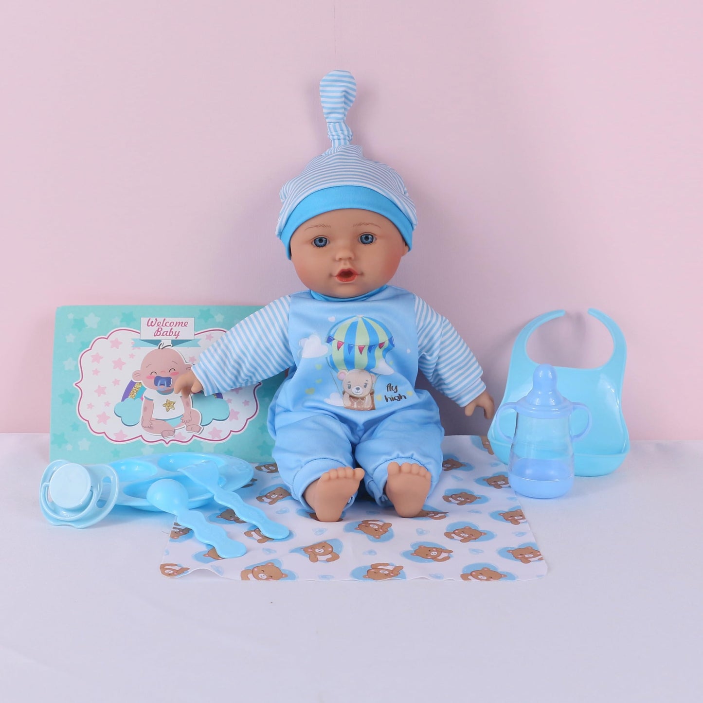 Haveahug 13'' Soft Baby Doll With Take Along Blue Doll Blanket, 6 Piece Play Set With Bottle & Accessories(Blue Blanket)