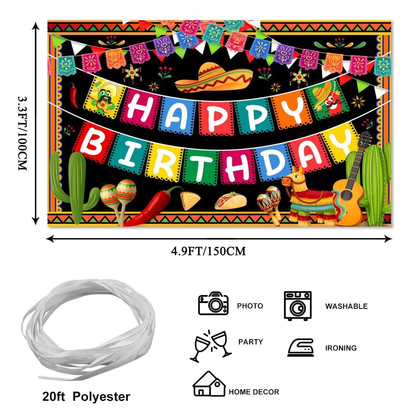 Mexican Happy Birthday Backdrop Mexican Party Decorations 4.9x3.3Ft Fiesta Theme Backdrop Mexico Cinco De Mayo Carnival Decors T