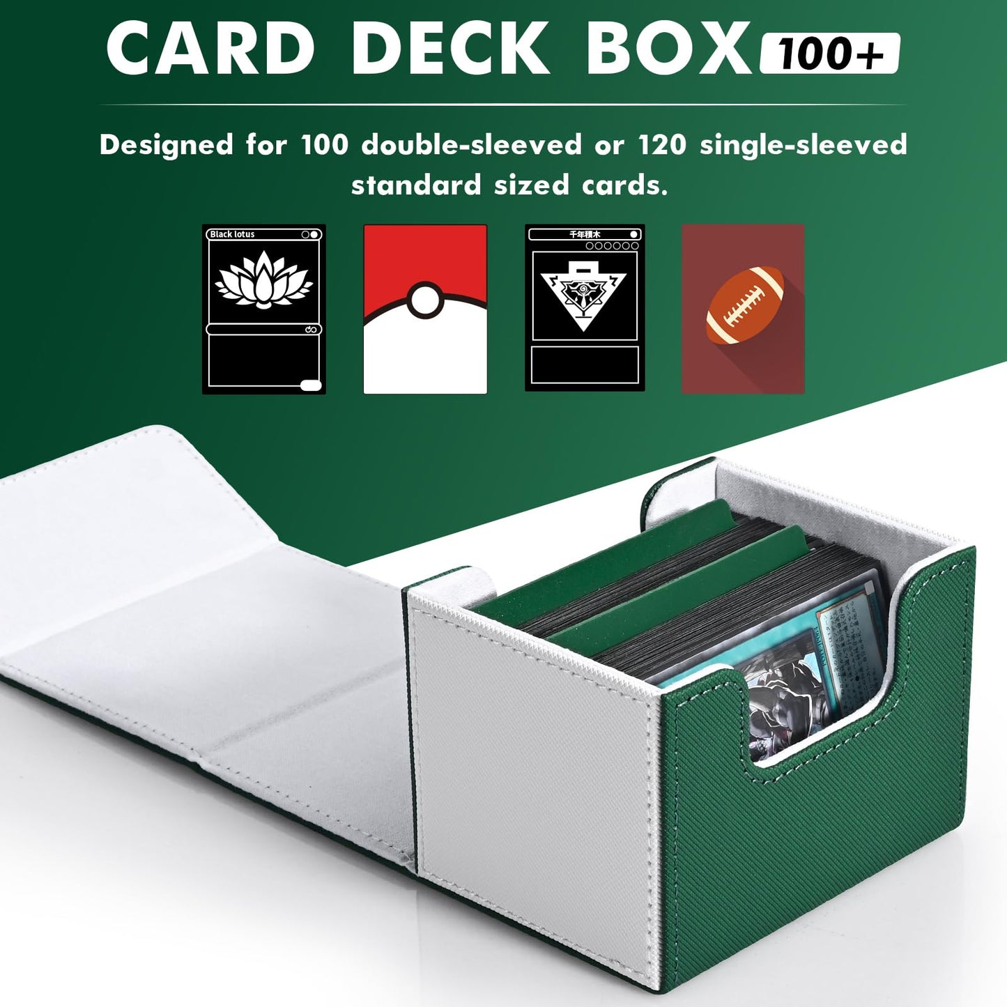 Zlca Card Deck Box For Trading Cards, Mtg Commander Deck Box Holds 120+ Single Sleeved Cards, Leather Magnetic Card Storage Box Fits For Tcg Ccg Magic Cards (White& Green)