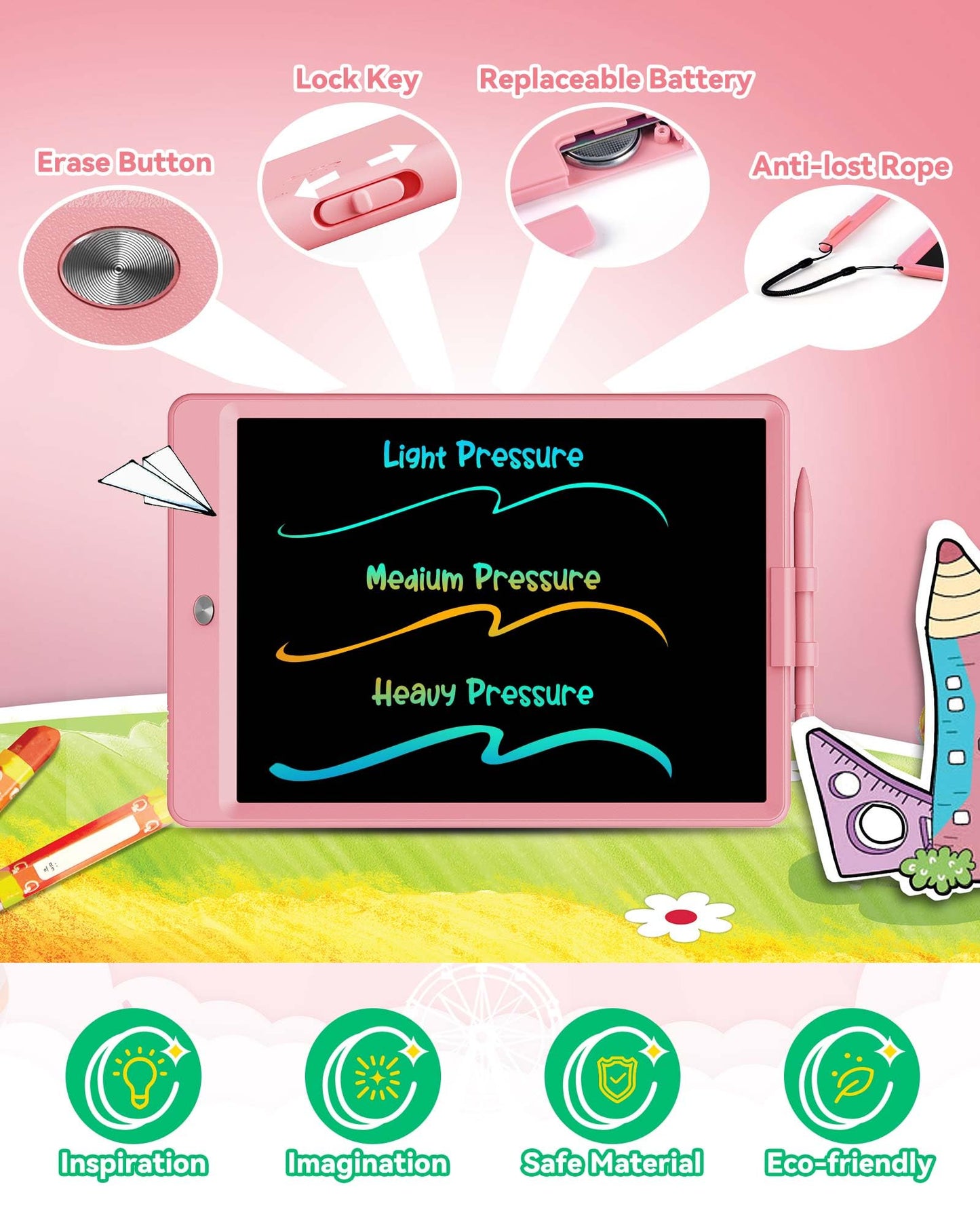 Kokodi 10 Inch Lcd Writing Tablet With Anti-Lost Stylus, Erasable Doodle Board Colorful Toddler Drawing Pad, Car Travel School Games Toys For 3 4 5 6 7 8 Kids, Birthday Gift For Girls Boys Pink