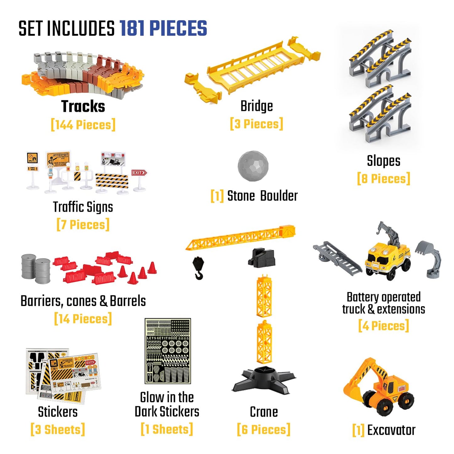 Jitterygit Construction Race Track Site Toy - Including Sandbox Vehicles, Trucks, Excavator, Bulldozer, Dump Truck, Crane - Birthday Gift For Kids, Boys, Girls, Toddlers For Ages 3 4 5 6 7 8 Year Old