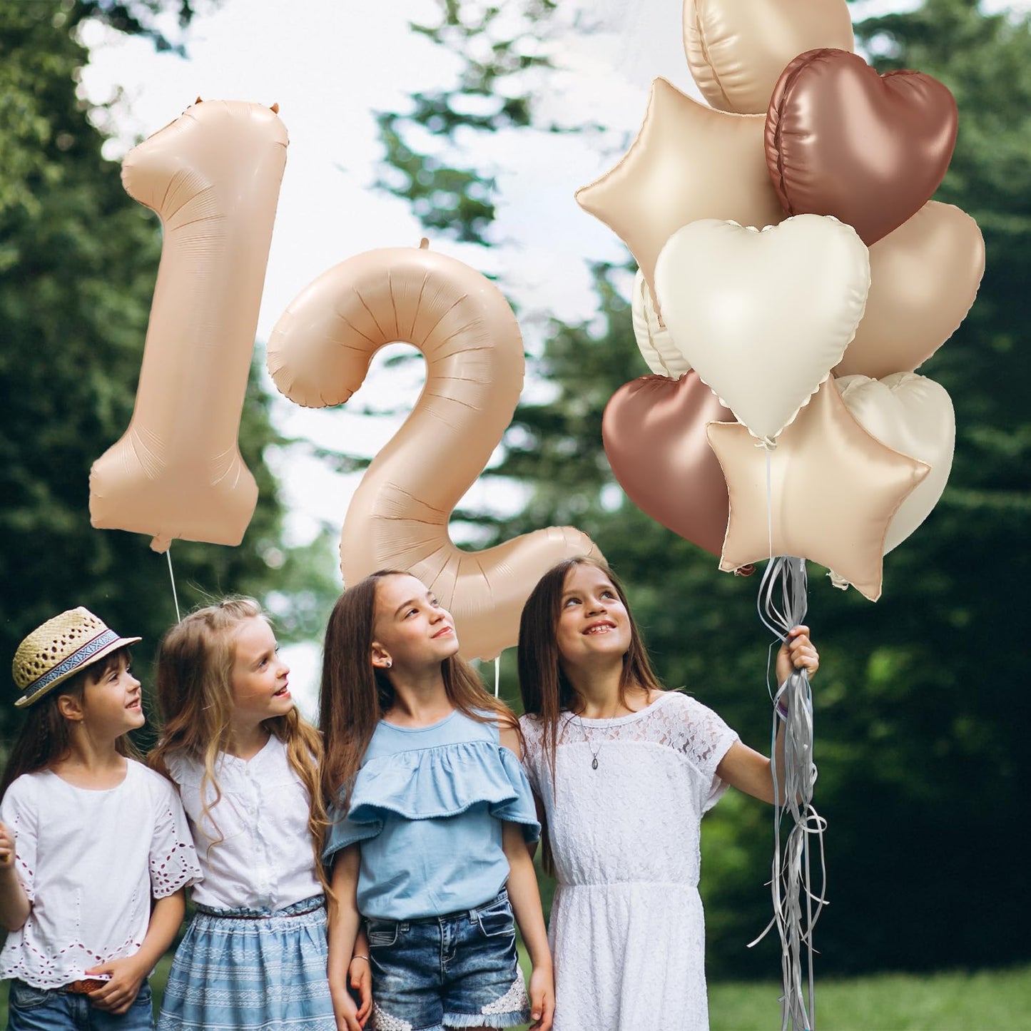 12Th Birthday Balloons Beige, Large Apricot Tan Foil 12 Number Balloon Decor With Sand White Cream Nude Taupe Helium Heart Star