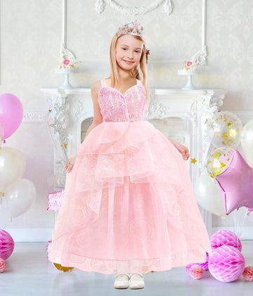 ODESABO Pink Witch Costume for Girls with Crown and Wand Halloween Costume for Kids The Good Witches Princess Dress Up (7-8 Years)