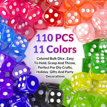 Rerdeim 110-Piece Colored Dice Set, 14mm Acrylic, 6-Sided in Red, Yellow, Blue, Green & More for Board Games & Classroom Use