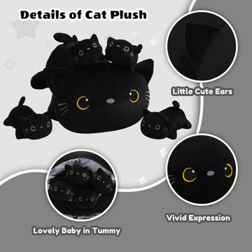 Sqeqe Black Cat Mommy Stuffed Animal With 4 Babies Cat In Her Tummy, Cute Black Cat Plush Toys For Kids, Gifts Ideal For Christm