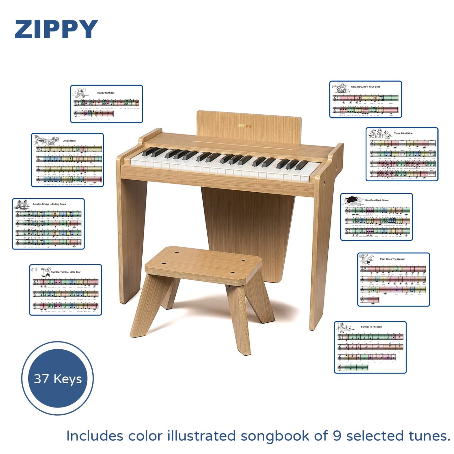 Zippy Kids Piano Keyboard, 37 Keys Digital Piano For Kids, Music Educational Instrument Toy, Wood Piano For 3+ Girls And Boys, O