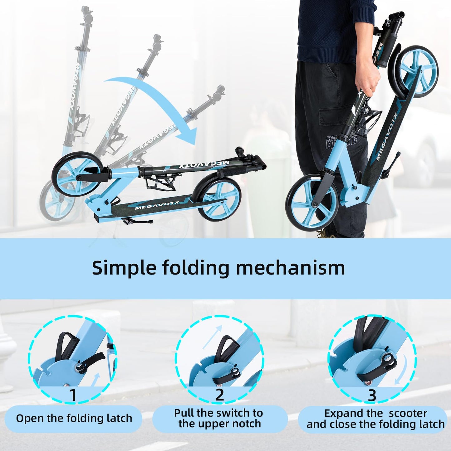 Megavotx Foldable Kids Scooter with 8 inch Sturdy Wheels - Scooters for Kids Teens mature-themeds Ages 8+ Adjustable Handlebar Gift for Boys&Girls 220lbs Max Load Capacity Bearing ABEC7 - (Blue)