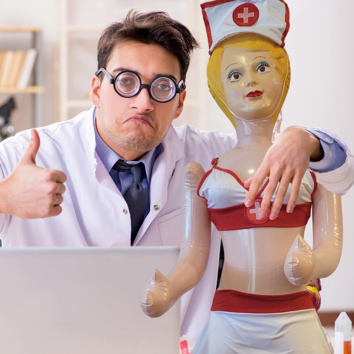 Merrimix - Ginger Inflatable Blow Up Doll with Nurse Costume, Gag Gifts for Men, Bachelor Party Favors and Decoration Accessorie