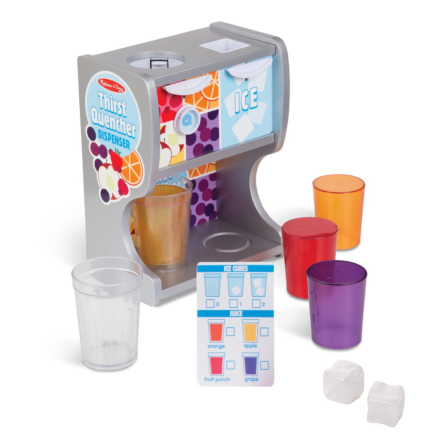 Melissa & Doug Wooden Thirst Quencher Drink Dispenser With Cups, Juice Inserts, Ice Cubes - Pretend Play Soda Fountain, Food Set