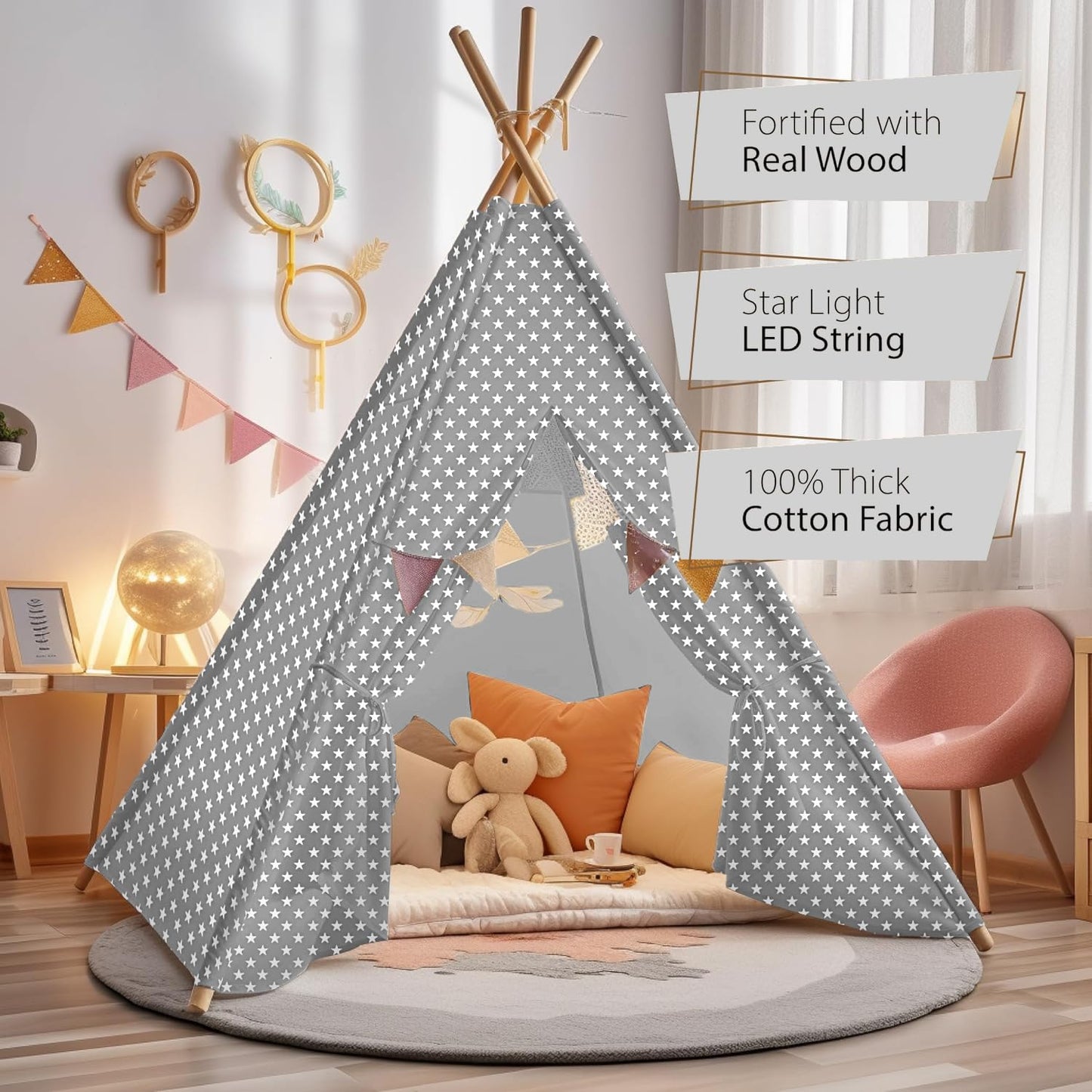 Chic Grey and Stars Kids Teepee Tent with Magic Star Lights, Large and Durable 100% Cotton Tipi Play Tent for Boys and Girls, Id