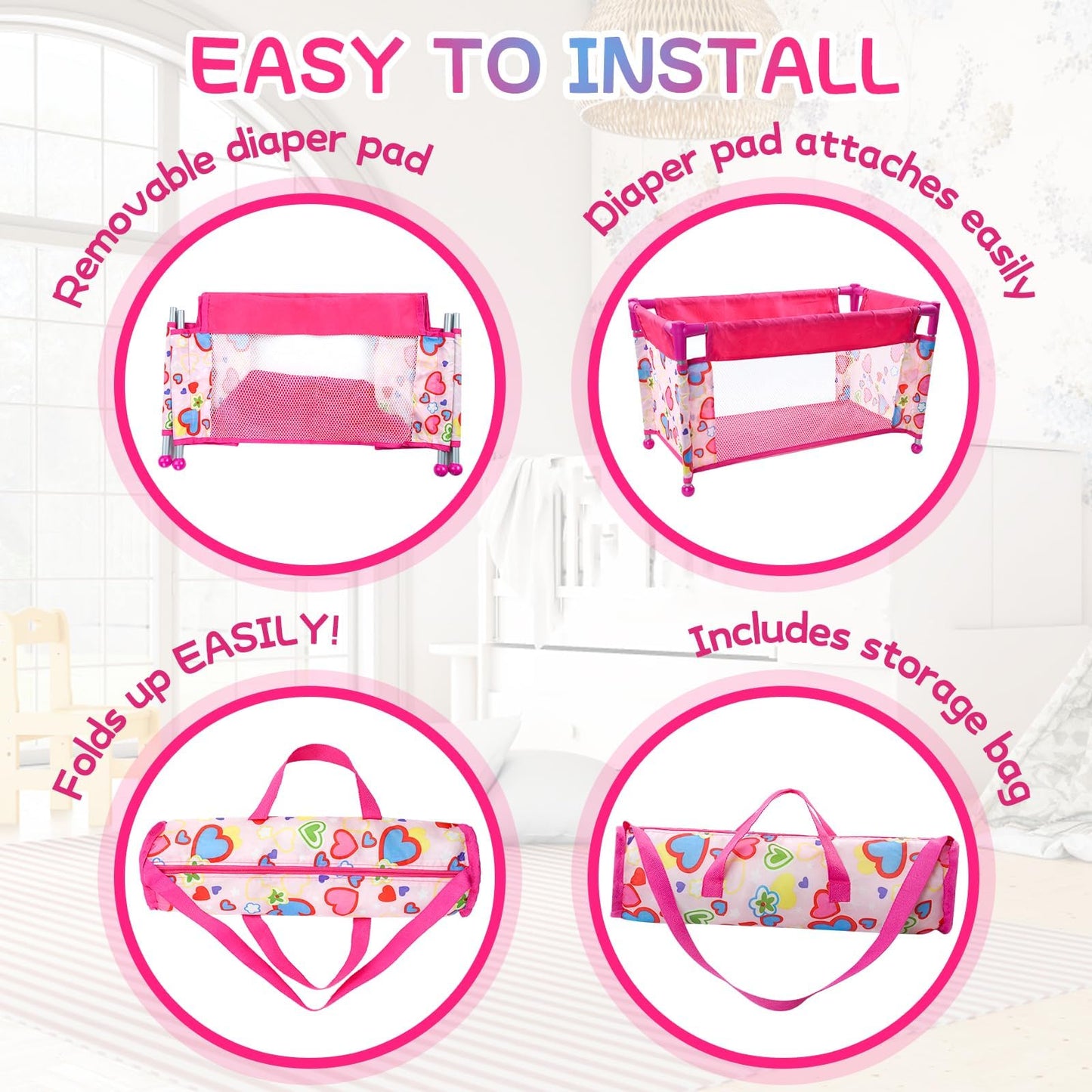 Jizhi Reborn Baby Doll Crib, Baby Doll Bed, Foldable Doll Playpen Toy For 17-21 Inch Dolls, Reborn Baby Doll Accessories With Storage Bag, Doll Pack N Play Kids Gift(Pink)