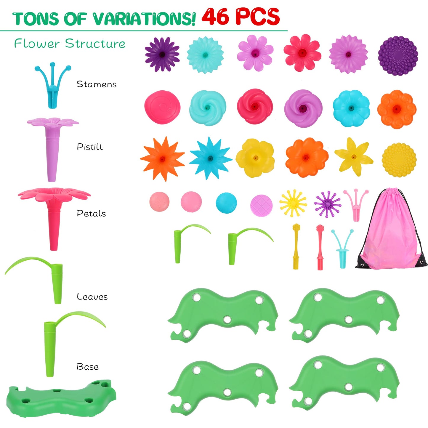 Flyingseeds 46 Pcs Flower Garden Building Toys For Girls, Stem Toy Gardening Pretend Play Set For Kids, Girls Favor Stacking Game For Toddlers, Preschooler Age 3 4 5 6 7 8 Year Old