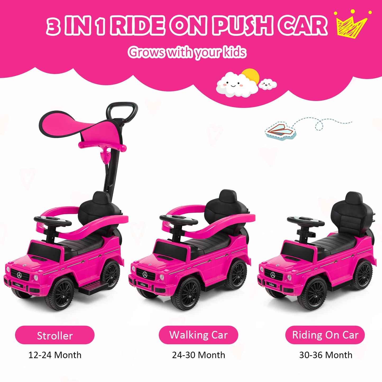 Honey Joy Push Cars For Toddlers, Mercedes Benz Kids Toy Car W/Push Handle & Detachable Guardrail, Horn & Engine Sound, Seat Storage, Foot-To-Floor Ride On Push Car For Boys Girls(Pink)