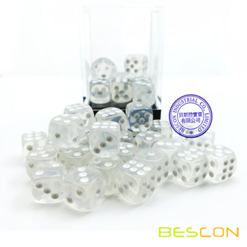 Bescon 12mm 6 Sided Dice 36 in Brick Box, 12mm Six Sided Die (36) Block of Dice, Clear Dice with White Pips