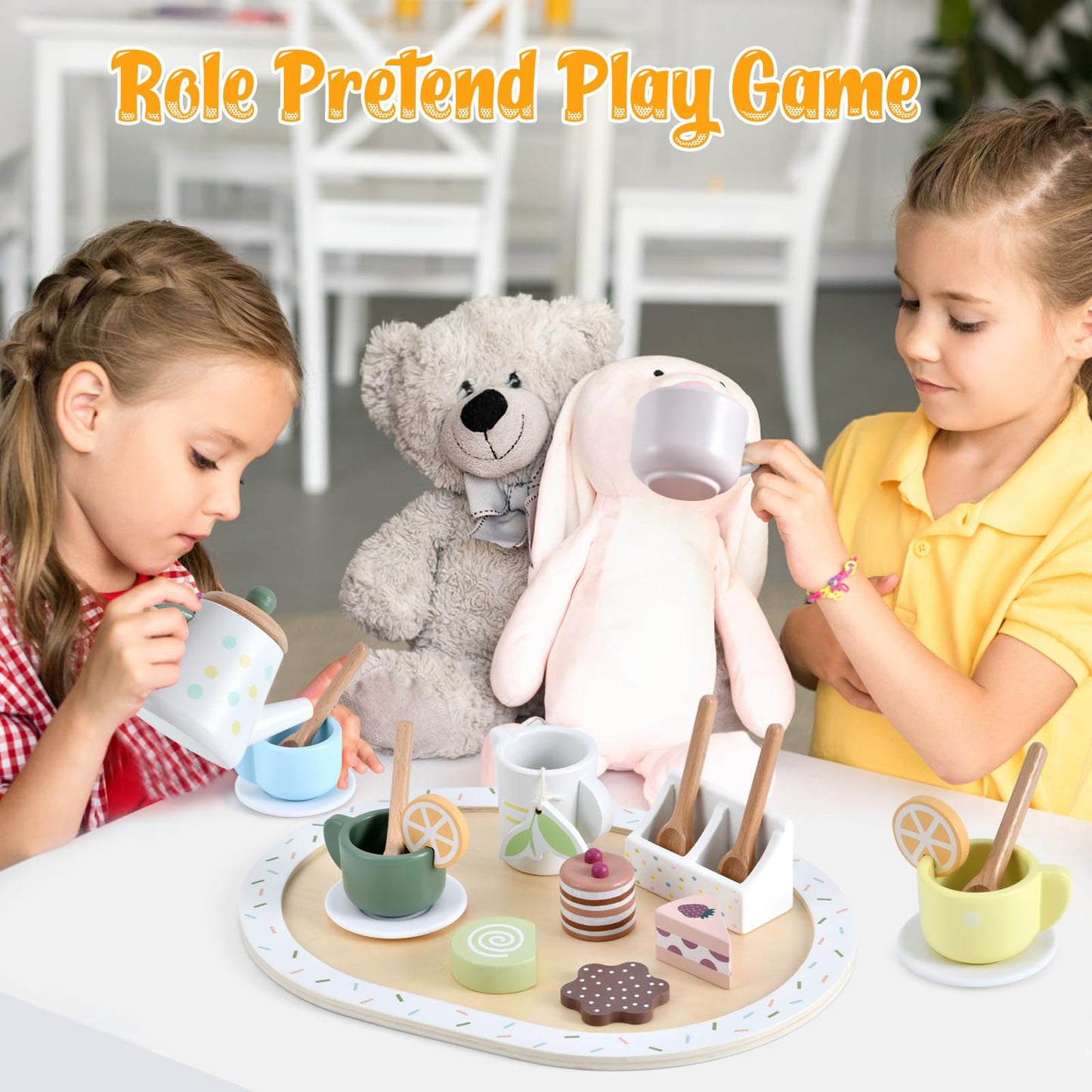 WHOHOLL Wooden Tea Party Set for Little Girls Play Food, Toddler Girl Toys Play Kitchen Accessories with Teapot Tea Cup Dessert