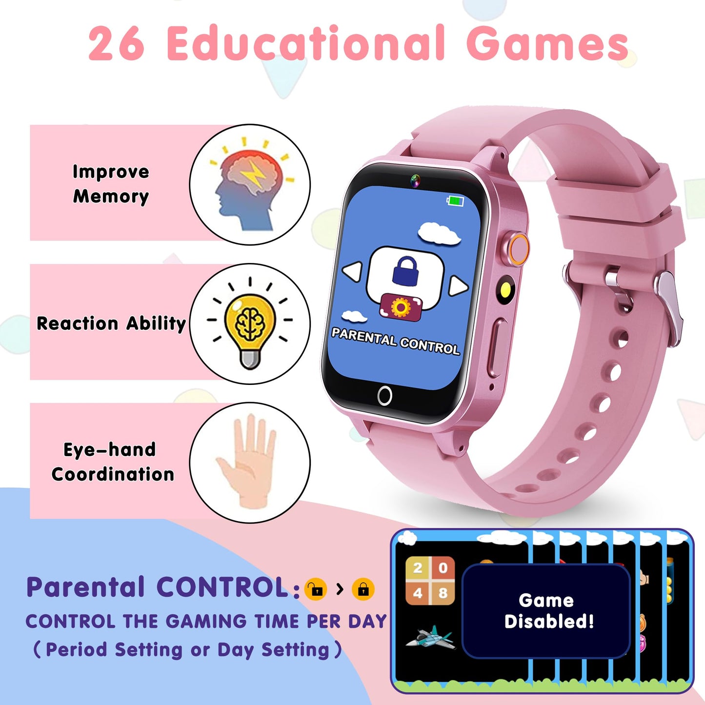 Syeekom Kids Smartwatch For Boys Girls, Smart Watch For Kids 4-12 Years Old, 26 Games Hd Touch Screen, Camera Alarm Clock Music
