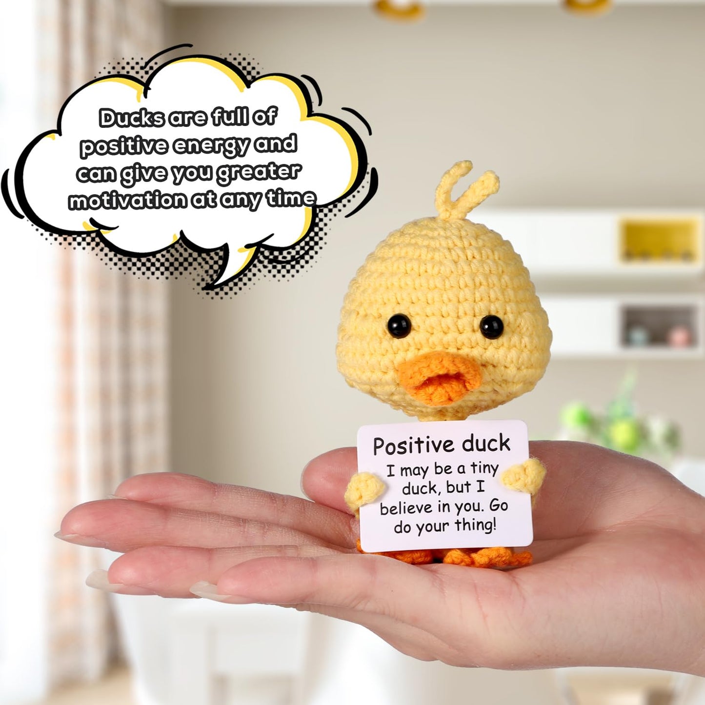 Boxob Mini Funny Positive Duck, 3.94'' Creative Wool Pocket Knitted Duck Toy Doll With Card Cute Crochet Tiny Positive Emotional