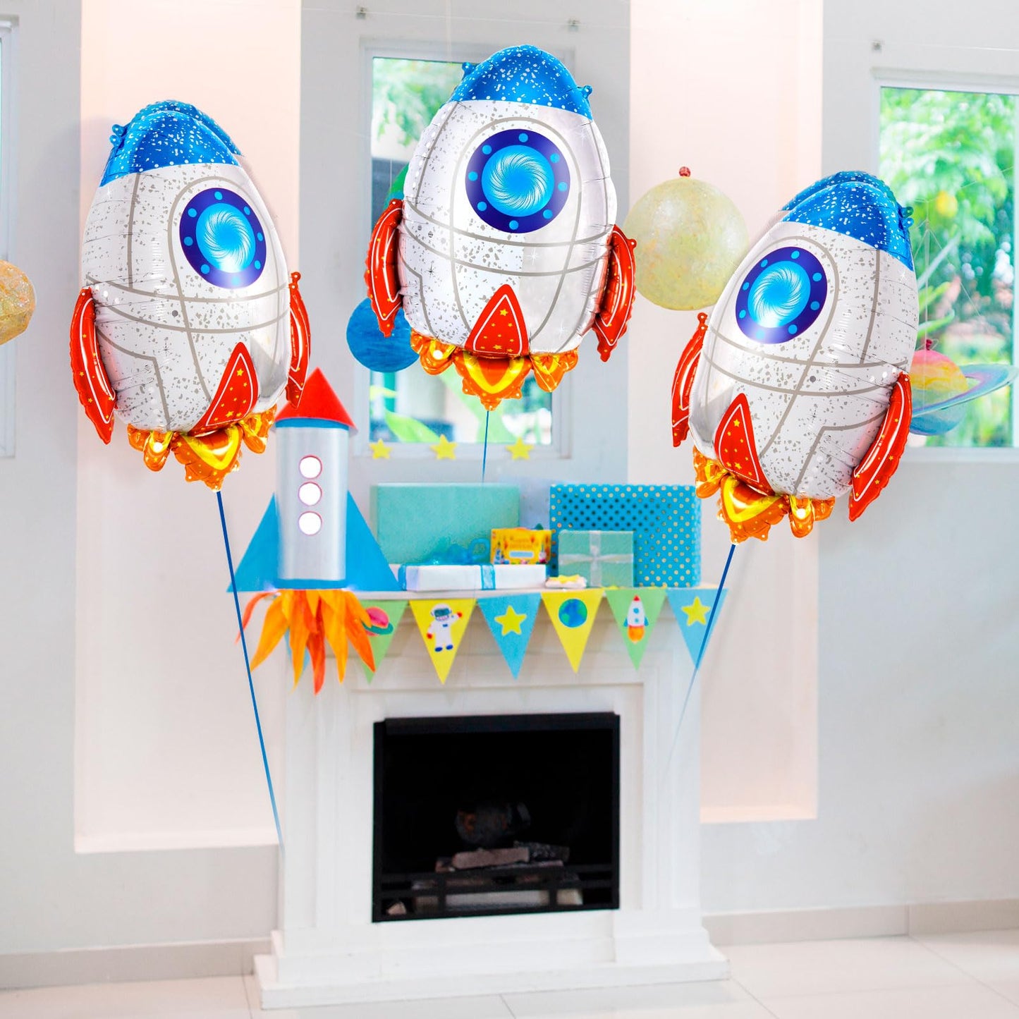 6 Pcs Rocket Balloons For Kids,Blue Rocket Foil Balloons,Outer Space Balloons,Flying Mylar Foil Balloons Space Decorations For K