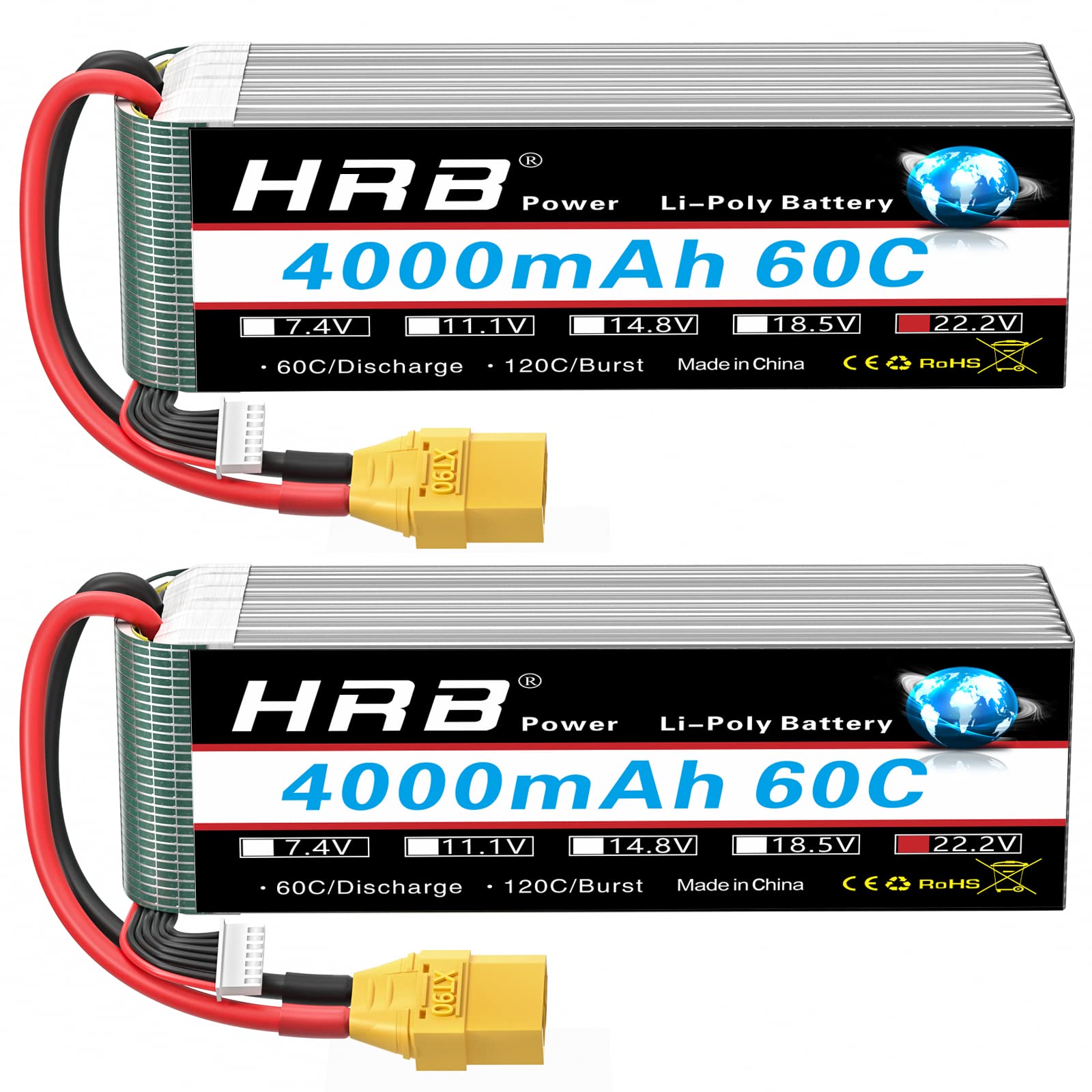 HRB 6S Lipo Battery XT90 4000mAh 60C Soft Case 22.2V RC Lipo Battery for RC Quadcopter Helicopter Car Truck Boat Hobby (2packs)