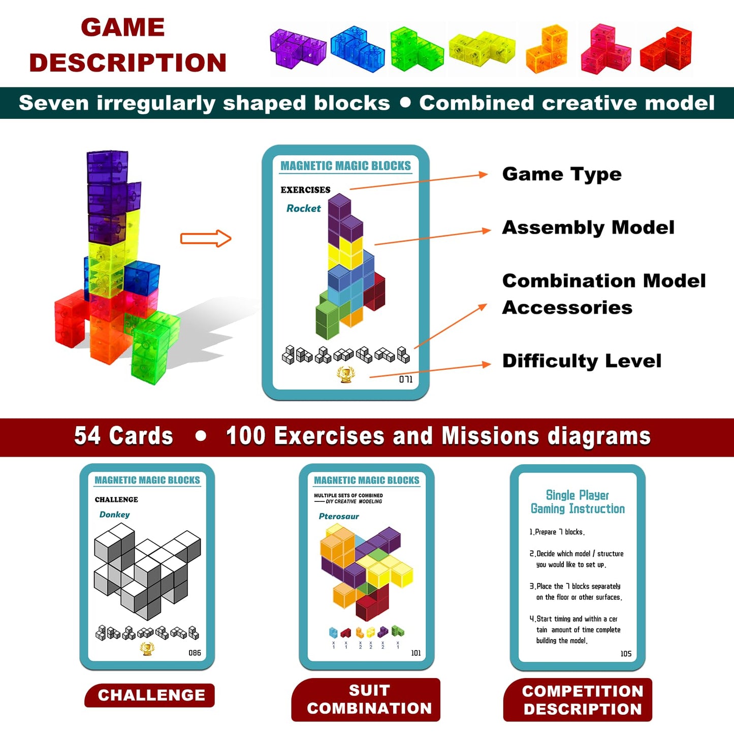 Ouxia Magnetic Building Blocks Magic Magnetic 3D Puzzle Cubes, Set Of 7 Multi Shapes Magnetic Blocks With 54 Guide Cards, Childr