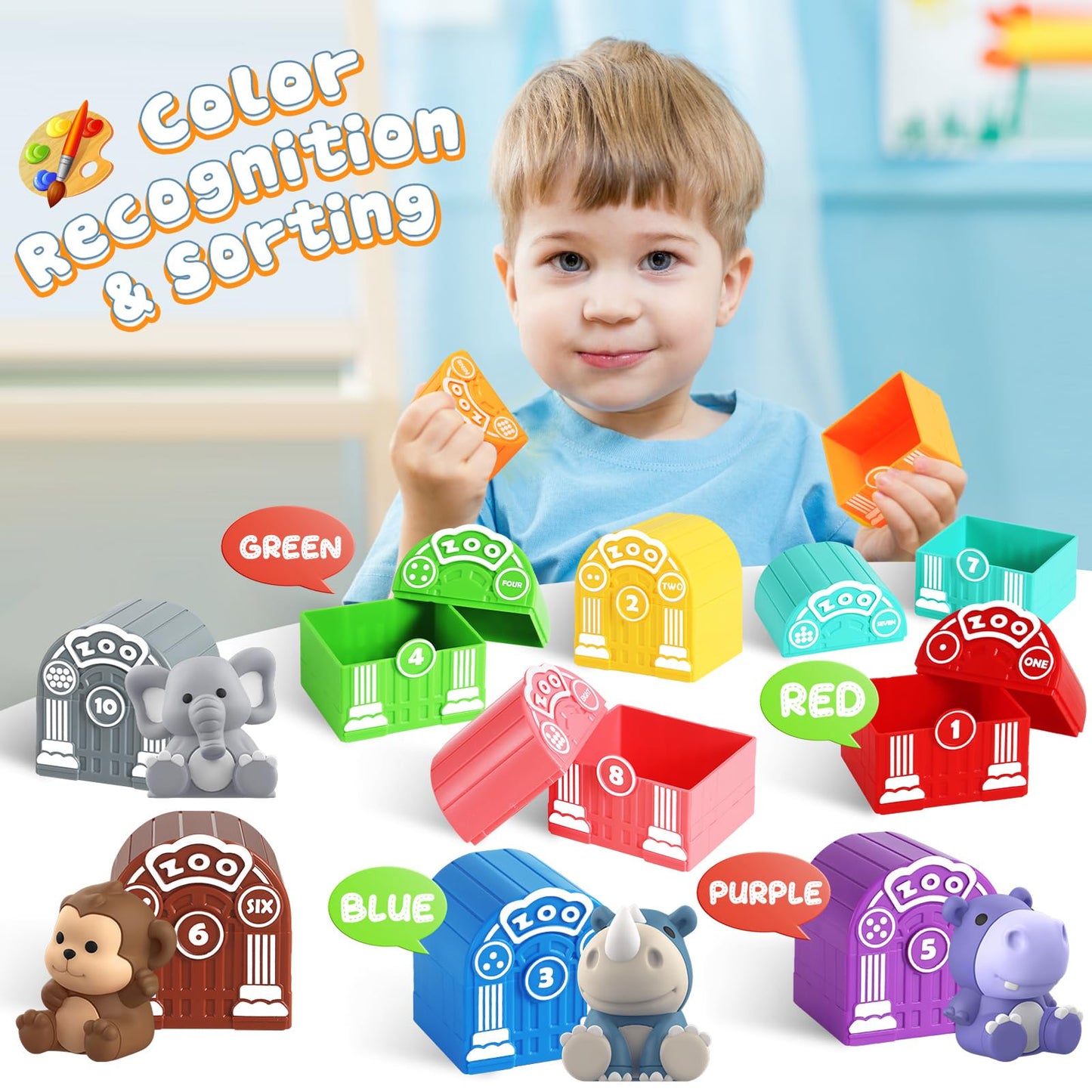 Toddler Toy For 1 2 3+ Years Old, Learning Toy For Toddlers With 20Pcs Safari Animal Toy, Montessori Educational Toy For Kids,10 Animals &10 Houses For Babies Boys Girls Easter Christmas Birthday Gift