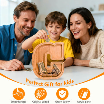 Wooden Letter Piggy Bank for Kids Initial Coin Bank for Boys and Girls First Name Personalized Savings Bank for Birthday Boys Girls Gift Piggy Bank for Kids (Wood S9-C)