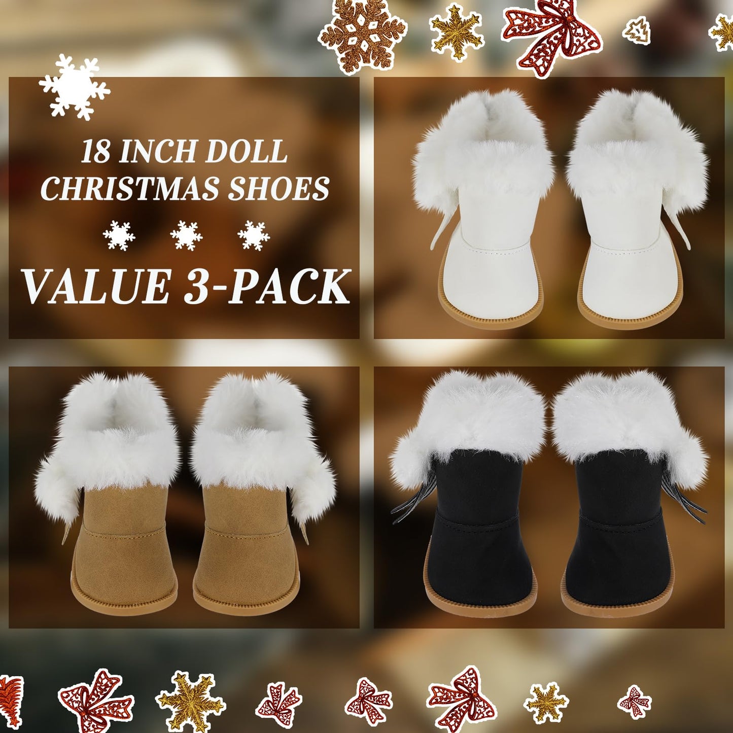 Bencailor 3 Pairs 18 Inch Doll Shoes Boots Dolls Winter Snow Doll Boots Accessories(Black White Brown)