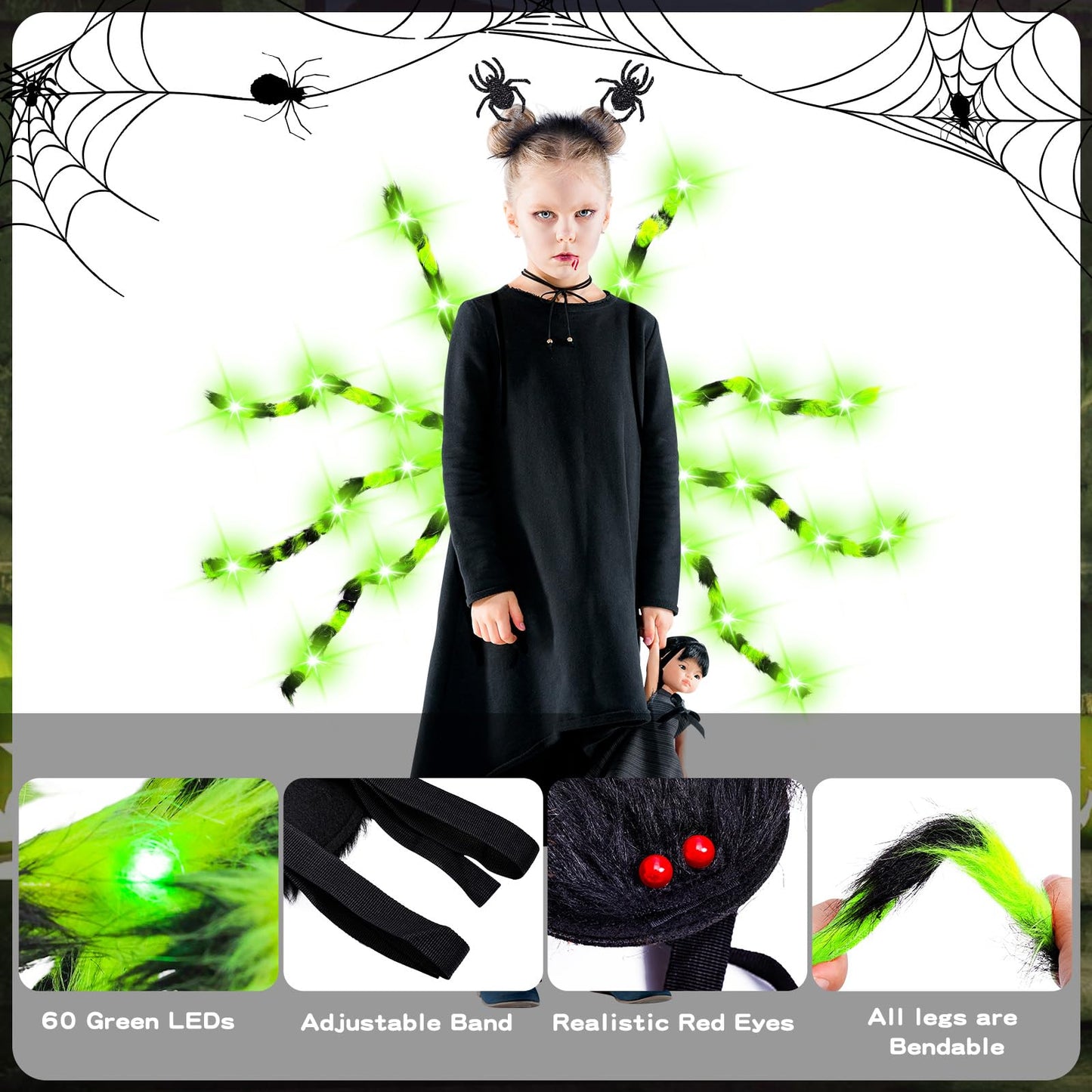 Garma Halloween Giant Spider Costume Set - LED Light-Up Backpack, Plush Headband, Large, Green for Kids Party & Trick or Treating