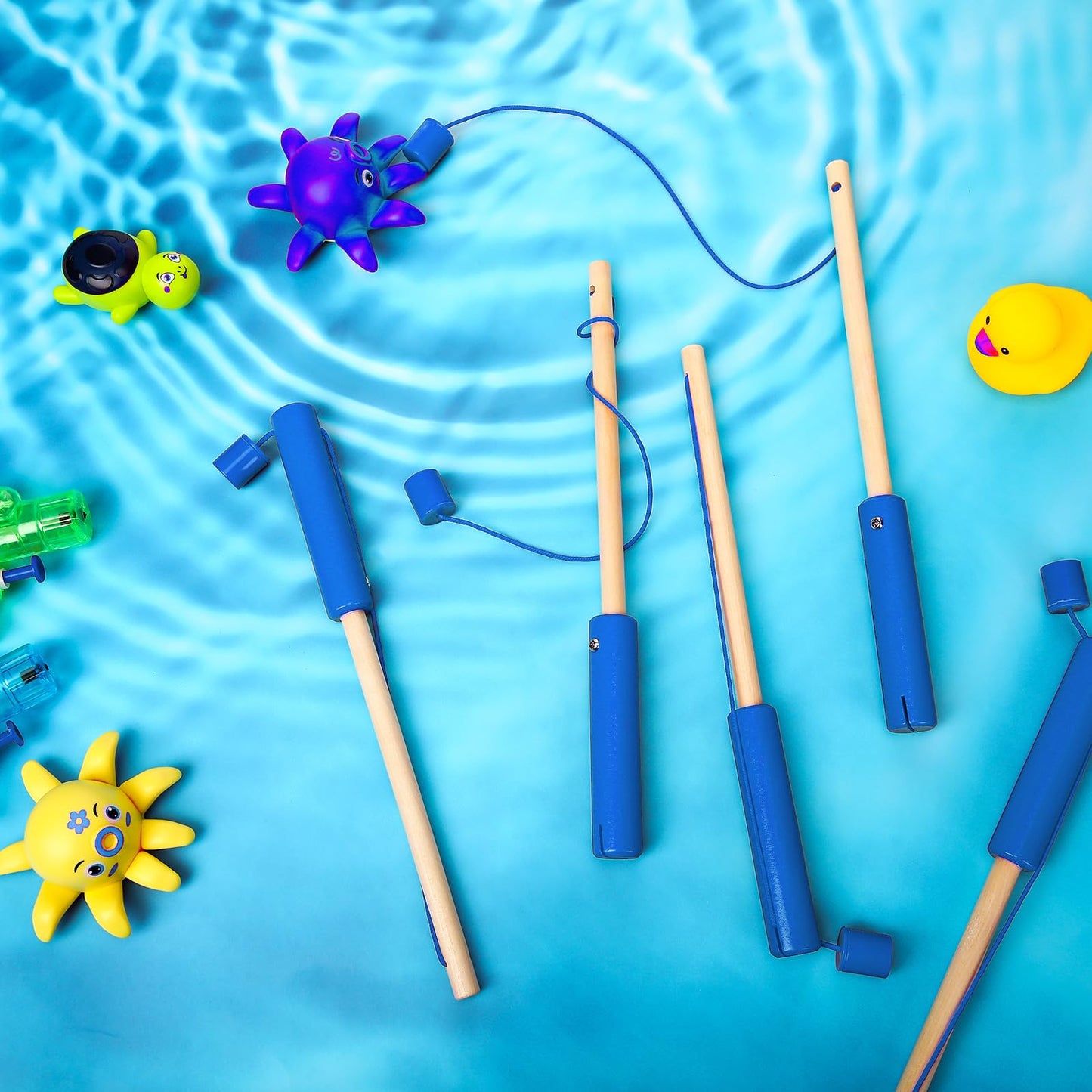 Sumind 6 Pcs Magnetic Fishing Pole Wooden Magnetic Fishing Rods With Magnet Hooks Christmas Fishing Game Toy Gifts For Birthday Party(Blue,Column)
