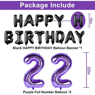 Naninuneno 22Nd Birthday Decorations Set For Girl Women Boy Men, Purple Black 22 Happy Birthday Balloons Supplies With Purple Nu
