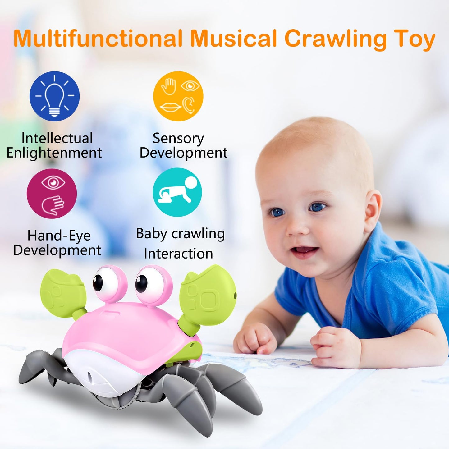 Plnmlls Crawling Crab Baby Toy - Tummy Time Toys - With Music And Led Light,Built-In Rechargeable Battery And Adjustable Volume For 0-6 6-12 12-18 36 Months Walking Toddler Birthday Gift(Pink)