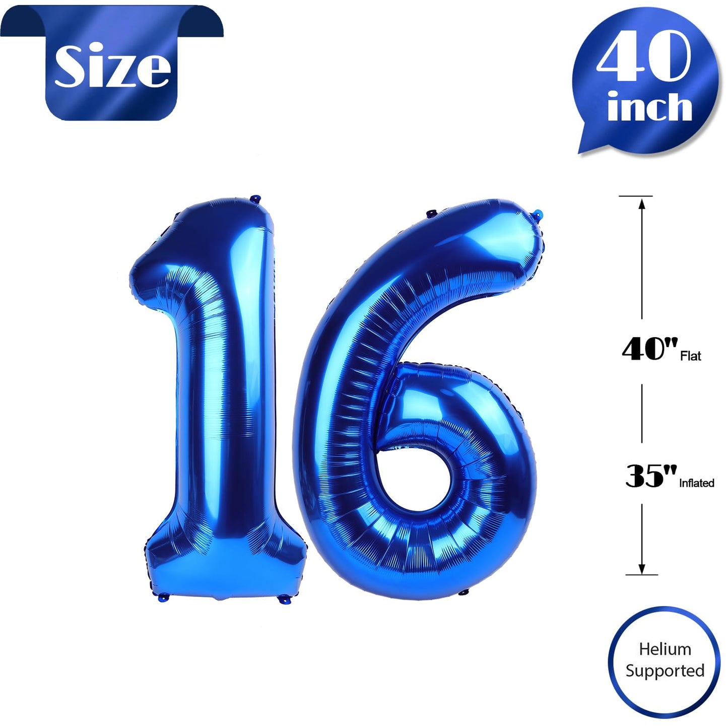 16 Balloon Number, Metallic Blue Number 16Th Birthday Balloons 40 Inch, Sweet 16 Years Old Metallic Blue Birthday Decorations Fo