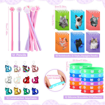 Jerify 91 Pcs Cat Birthday Party Favors Decoration Cat Party favor bags Fillers Drawstring Backpack Bracelets Squeeze Kids Toys