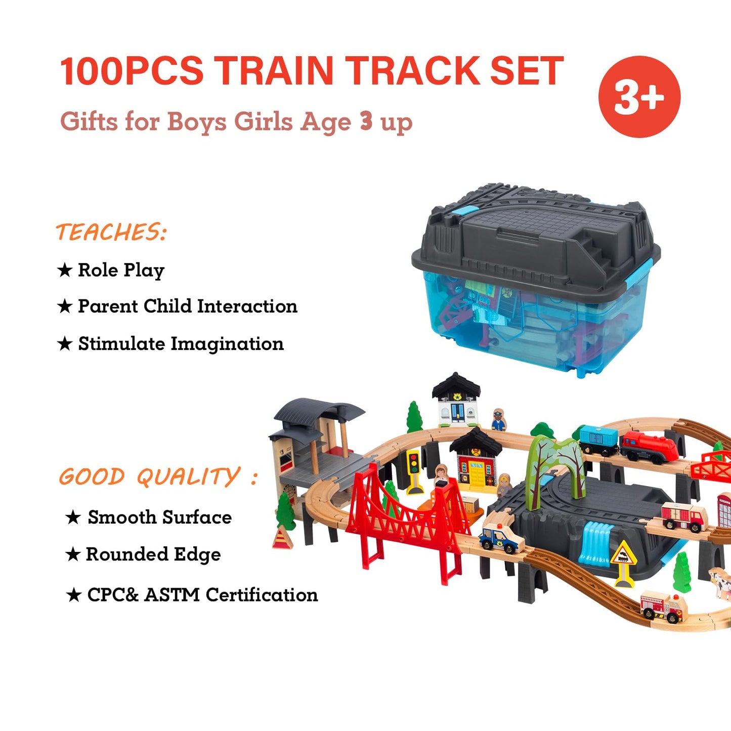 WoodenEdu 100Pcs Wooden Train Set for 3 Year Old Boys, Double-Side Train Set Tracks with Bridge Train Station & Storage Box, Fit