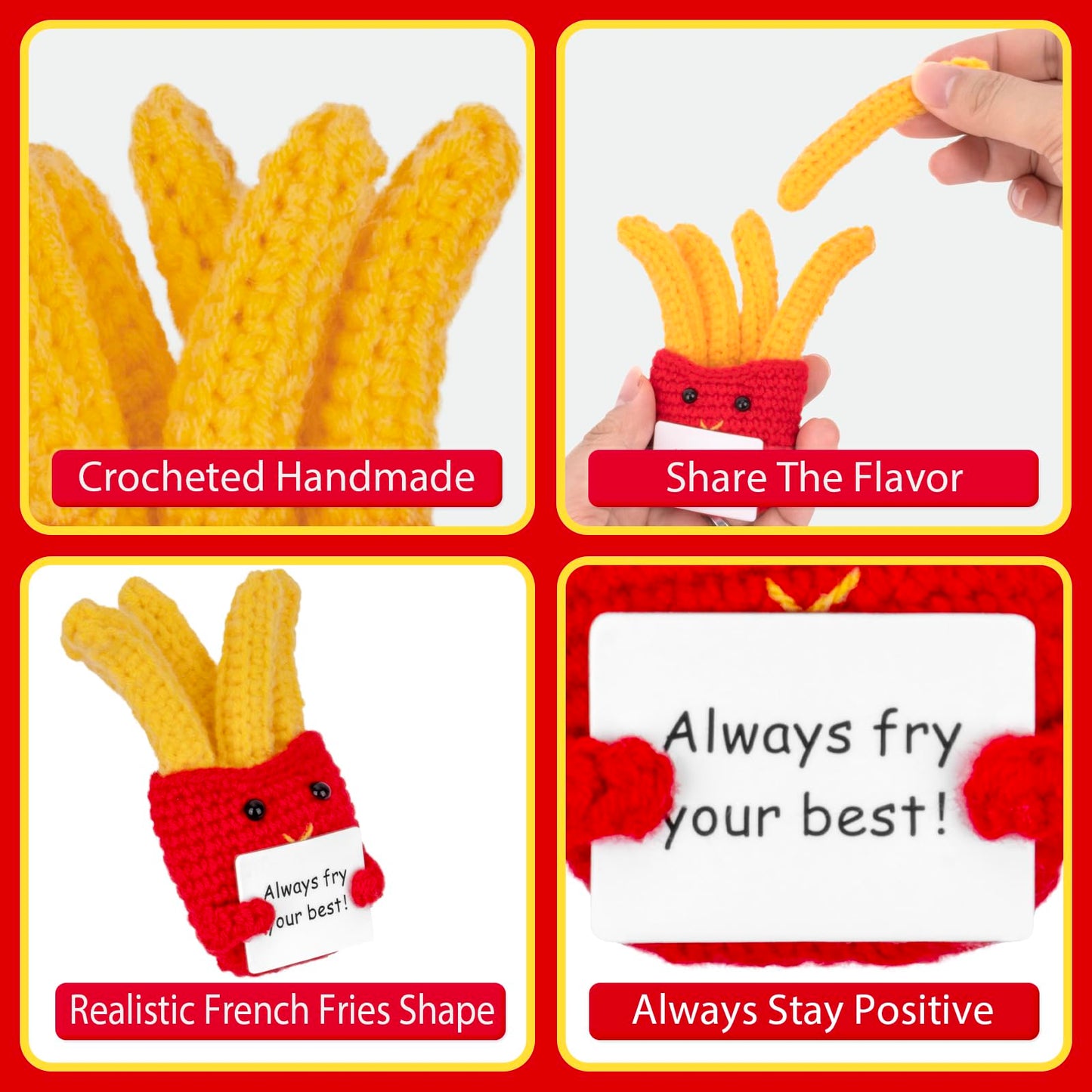 Funny Positive French Fries Cute Crochet Toy With Positive Card Cheer Up Funny Gag Gifts For Best Friend Birthday Housewarming Women Teacher Fall (French Fries)