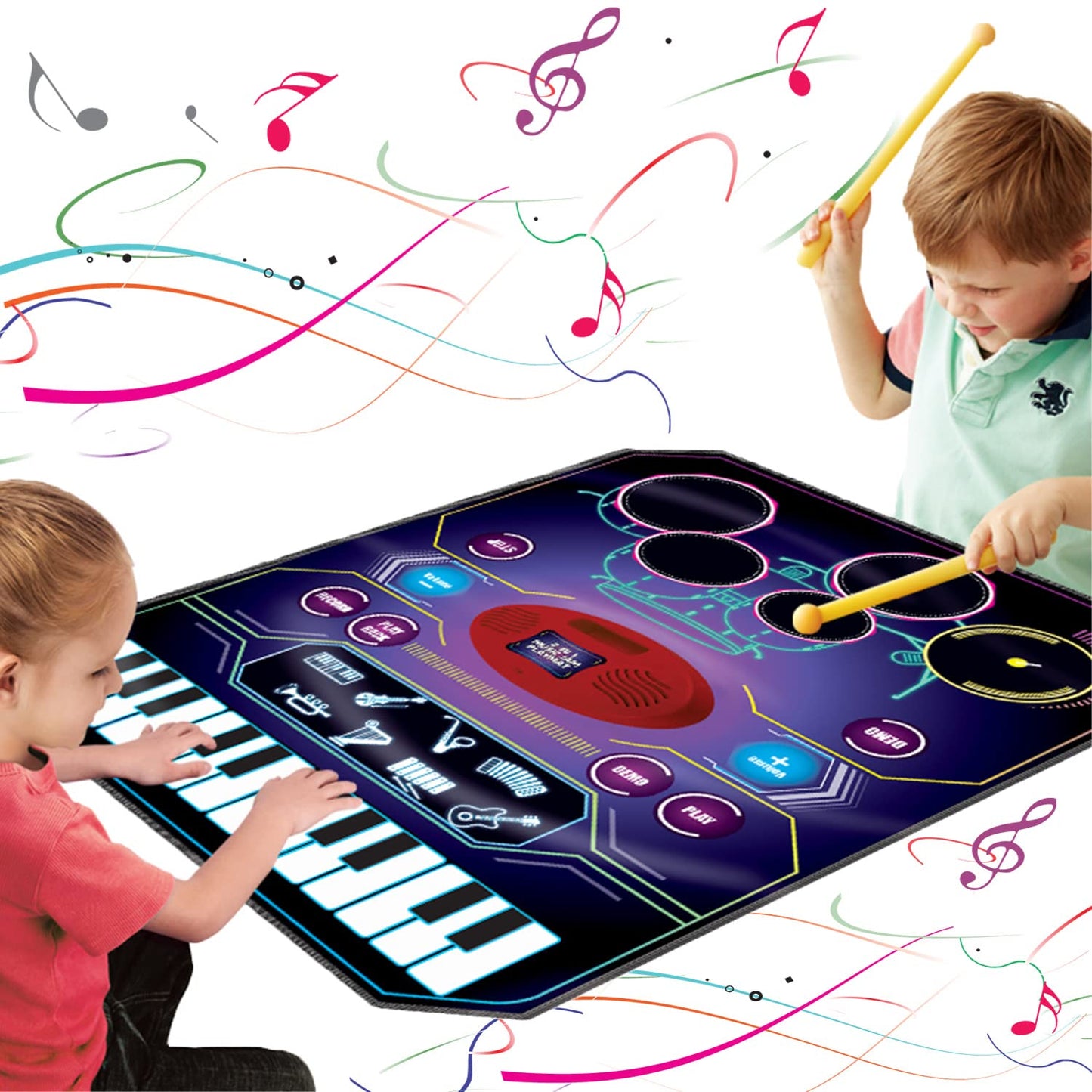 Qshark 2 In 1 Kids Music Learning Toys For Boys Girls, Drum Set + Piano Mat | Record & Playback, Built-In Songs, 8 Instrument So