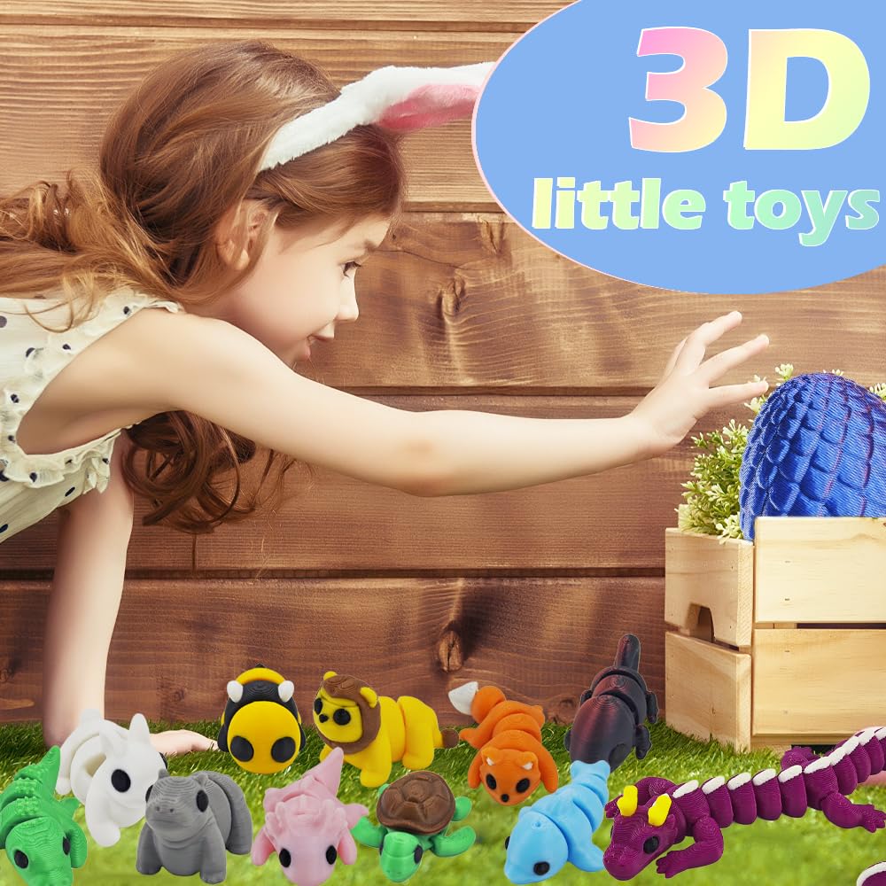 NEXT STOP M 3D Printed Animal Toys for Kids Easter Basket Stuffers with Decorative Egg Case, Classroom Prizes, Party Goodie Bag
