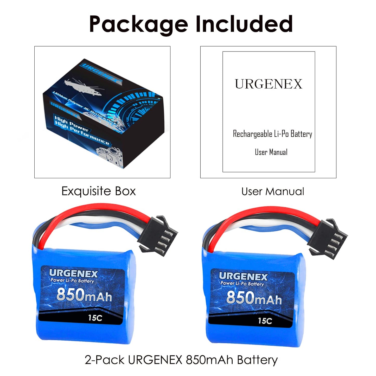 URGENEX Lipo Battery 850mAh 7.4V(2 x 3.7V) RC Boat Battery with SM-4P Plug UDI001 RC Boats Batteries Compatible with RC Boat UDI
