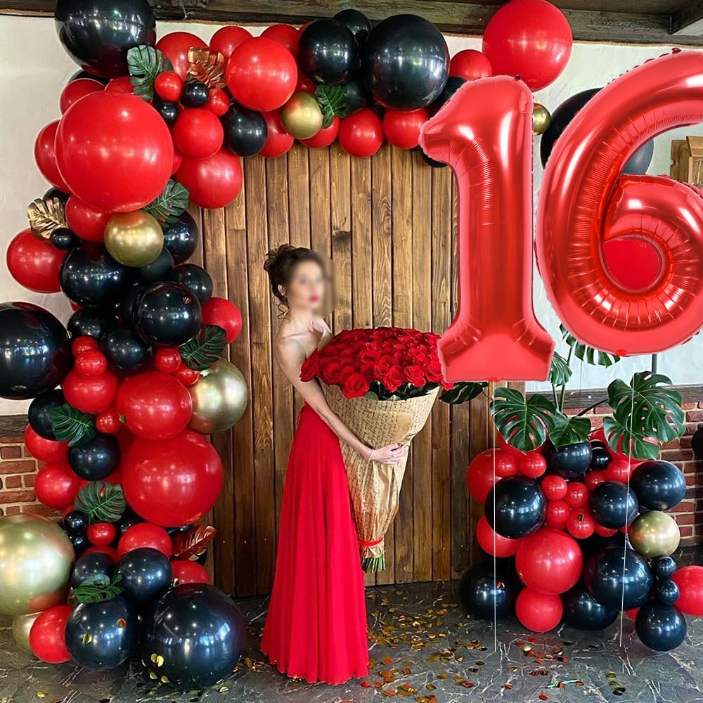 Toniful 40 Inch Red Large Numbers Balloons Number 16 Digital 16 Helium Balloons, Foil Mylar Big Number Balloons For Birthday Par