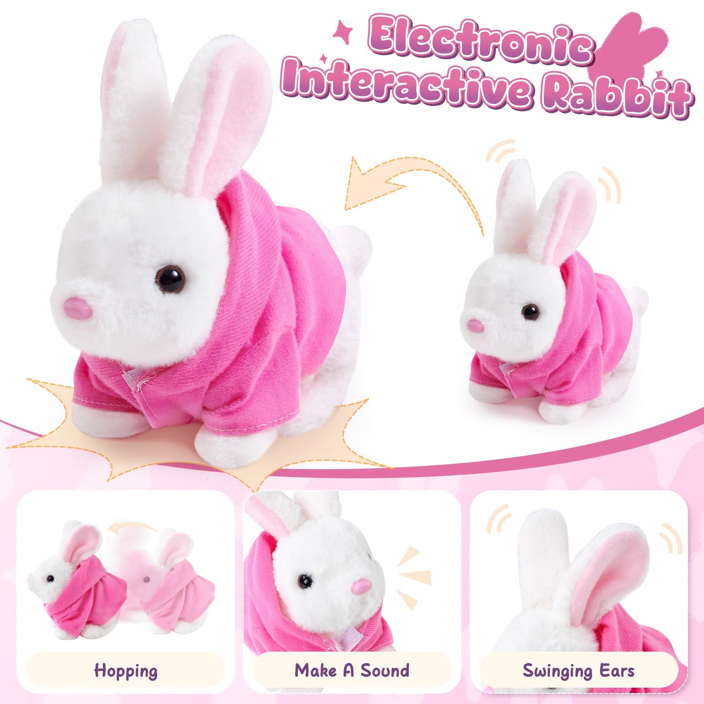 G.C Kids Bunny Toys Rabbit Plush With Stroller, Hopping Walking Electronic Interactive Stuffed Animal Accessories Pretend Play Pet Care Playset Gifts For Girls Toddlers 3 4 5 6+ Year Old
