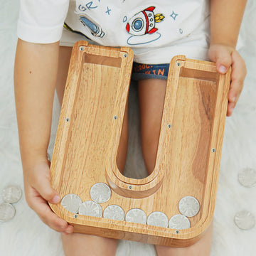 Piggy Bank For Kids Boys Girls, Large Personalized Wooden Letter Piggy Bank With Cut-Out Design, Alphabet Letter Coin Banks, Money Savings Box, Wooden Bank For Kids Creative Gift For Real-Money(U)