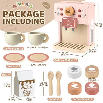 Airlab Kids Coffee Playset Toy Coffee Maker Set For Toddler Wooden Kitchen Accessories Pretend Play For Girls Boys Ages 3 4 5 Ye