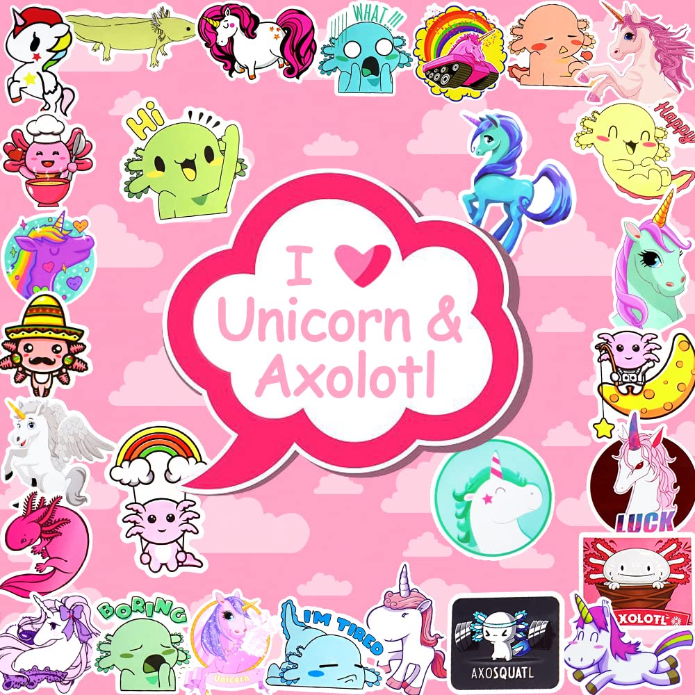 Susihi 80Pcs Cute Axolotl Stickers For Water Bottles Unicorn Stickers For Kids Girls Axolotl Waterproof Vinyl Stickers Bulk
