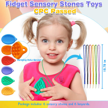 Qingler Fidget Toys Sensory Worry Stones With Lanyard Stocking Stuffers For Kids, 6 Pack Worry Stones For Autism Adhd Teens Anxi