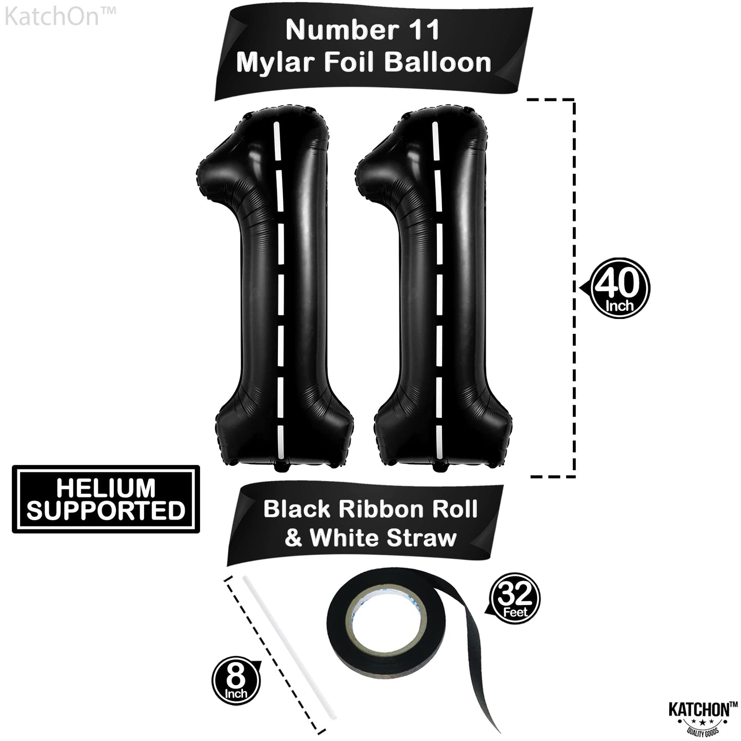 Katchon, Giant Race Car Number 11 Balloon - 40 Inch | Giant Balloon Number 11 Black For Race Car Birthday Party Decorations | 11Th Birthday Decorations Race Car Balloons | 11 Years Old Cars Decoration