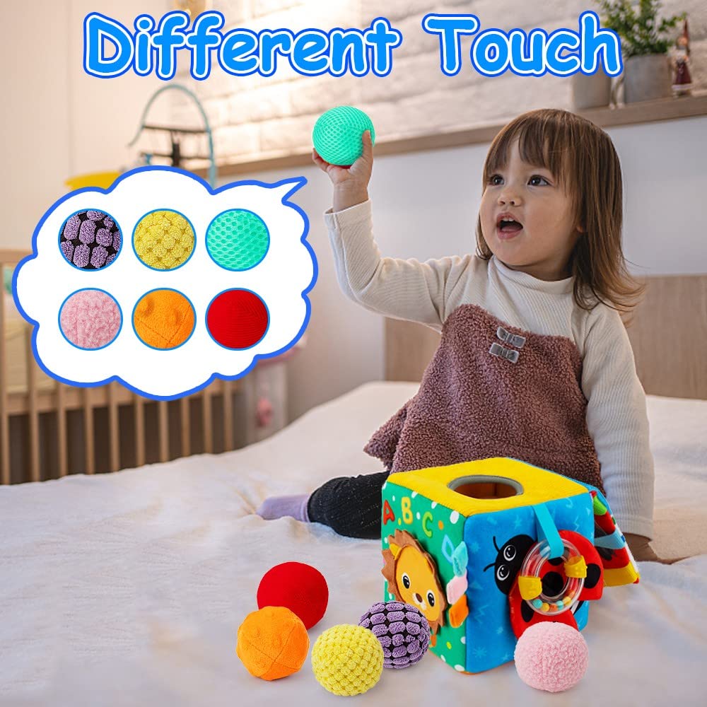 Beetoy Sensory Busy Cube For Baby, Montessori Infant Toys With Textured Sensory Balls, Early Learning Travel Toys For Fine Motor