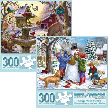 Bits And Pieces – Value Set Of Two 300 Piece Jigsaw Puzzles For Adults – Building A Snowman On A Snow Day, Sunrise Feasting - Winter Snow Jigsaw Puzzles By Artist Liz Goodrick - Dillon