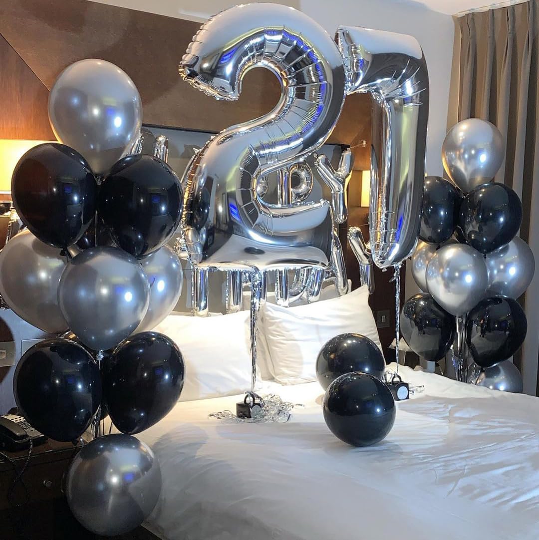 Black And Metallic Silver Balloons, 50Pcs Black And Silver Balloons Party Decorations 12 Inch Black Silver Party Balloons For Bi