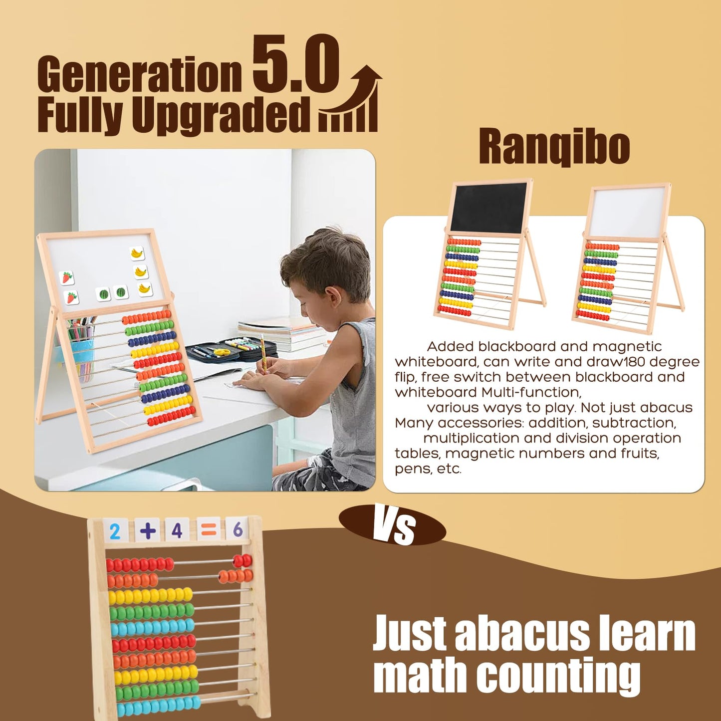 Ranqibo Wooden Abacus For Kids Math - Double-Sided Blackboard Whiteboard Magnetic Abacus For Toddlers 1-3 With 100 Magnetic Numb