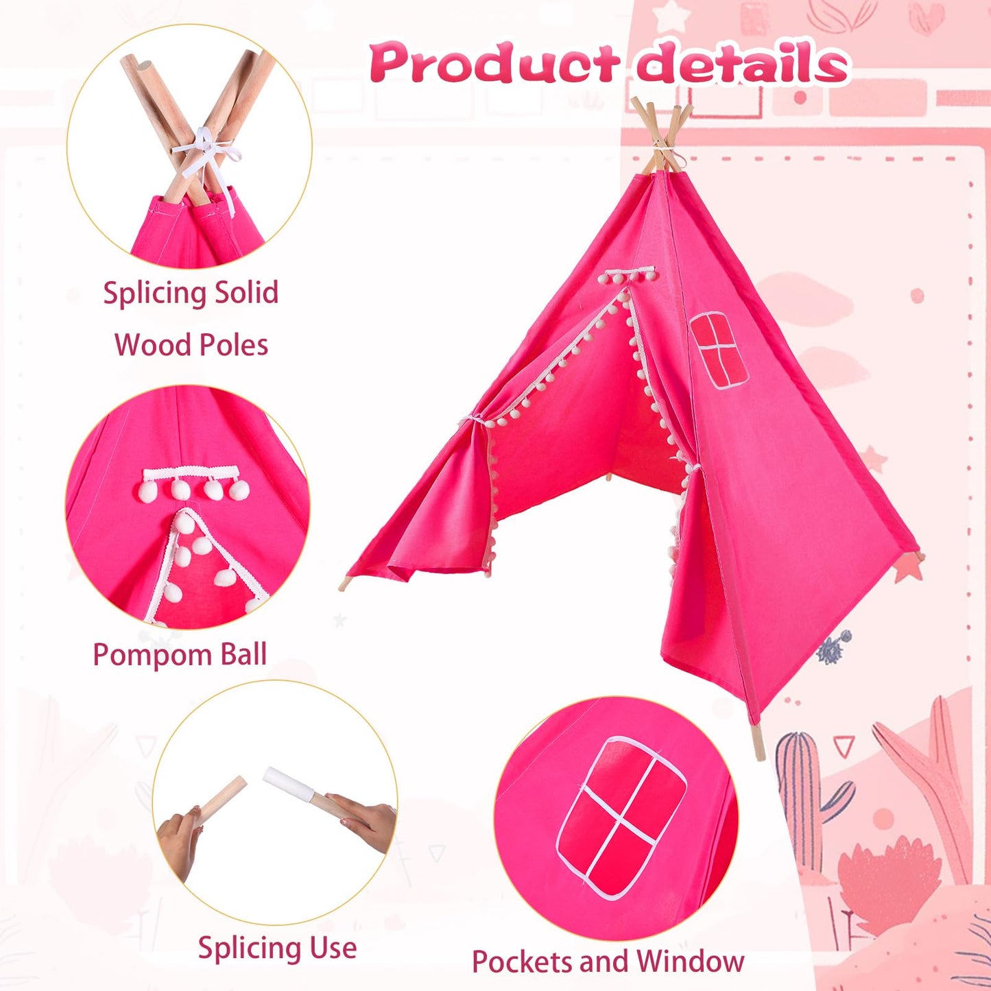 Windyun 6 Pcs Kids Teepee Tent Foldable Washable Indoor Outdoor For Boys Girls Toddler Boho Sleepovers Birthday Pajama Party Spa